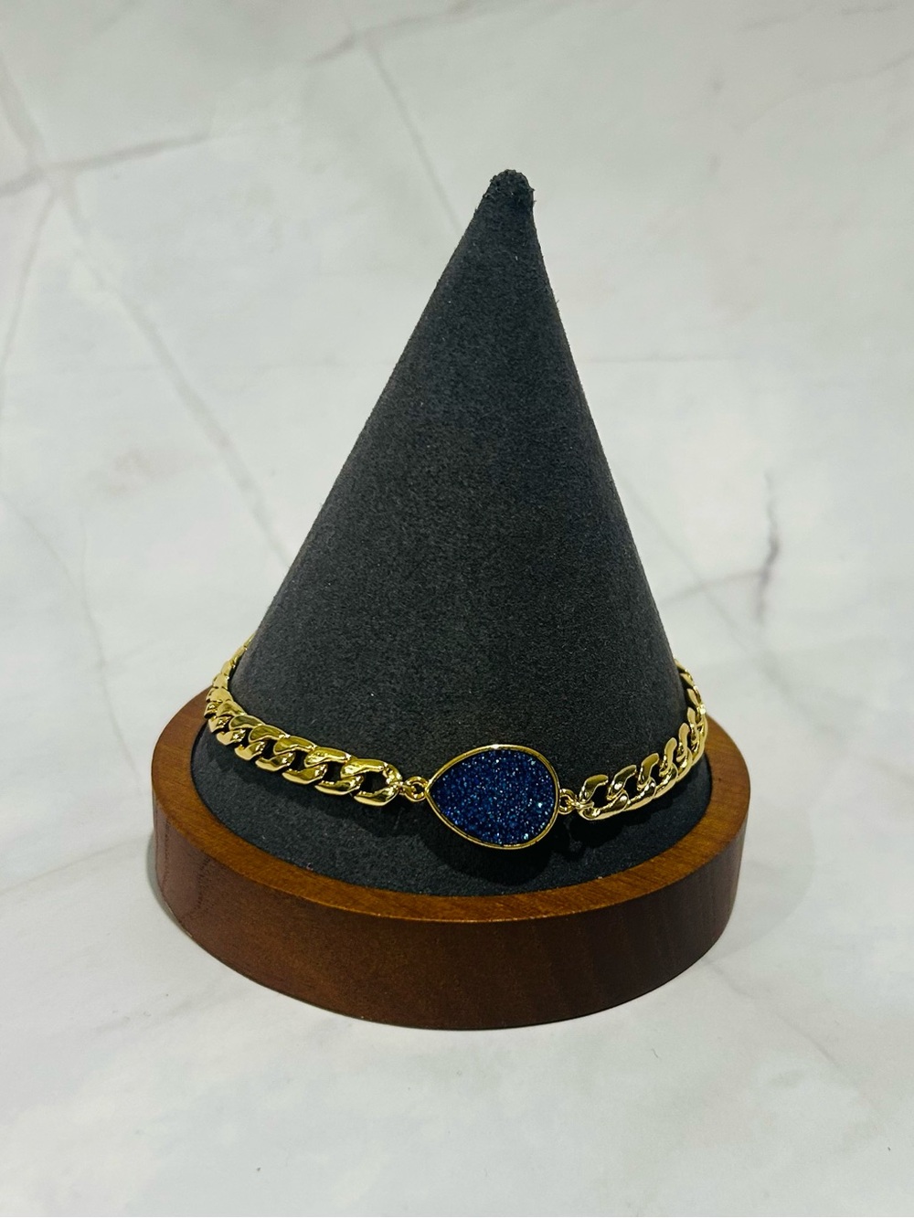 14k Gold plated Chain Bracelet with Navy Blue Teardrop Druzy Accent